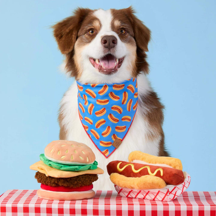 Hot dog snuffle toy as a giftable pet toy for dog birthdays and gotcha days