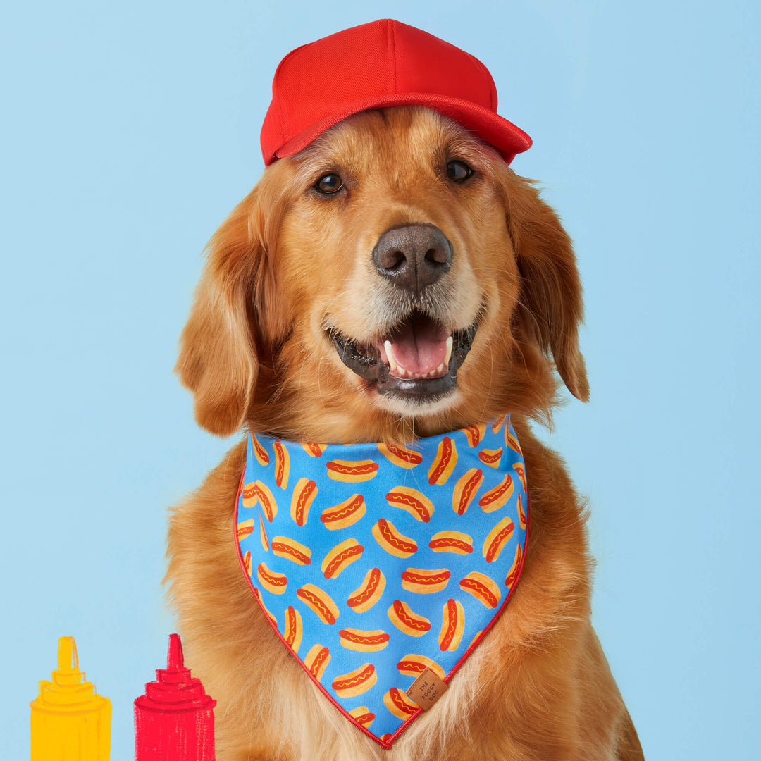Close-up of the hot dog print bandana fabric