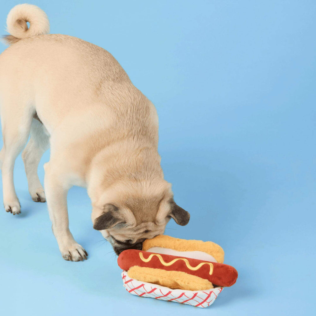 Hot dog snuffle dog toy with crinkle and squeaker details for sensory play