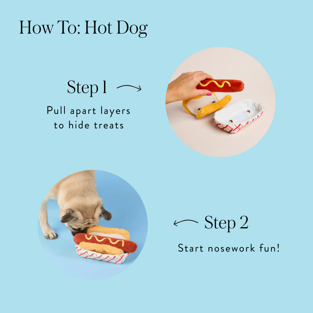Hot dog dog toy showing hidden treat pockets for mental enrichment play