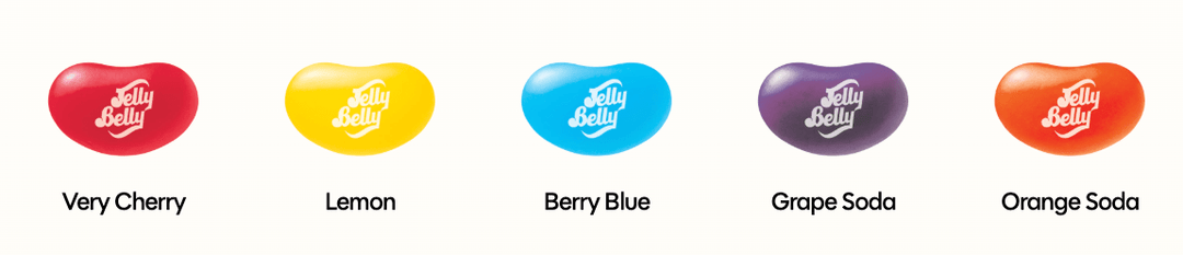 Five Jelly Belly bean products shown in a row on a white background, labeled Very Cherry, Lemon, Berry Blue, Grape Soda, and Orange Soda.