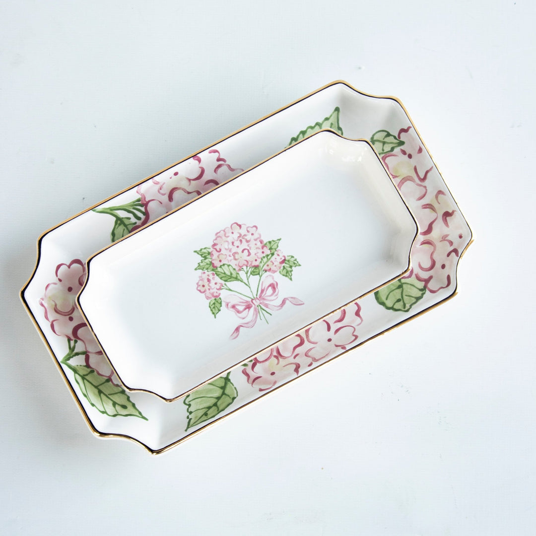Pink hydrangea petite valet tray nested inside a larger tray with a hydrangea border