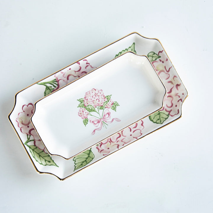 Pink hydrangea petite valet tray nested inside a larger tray with a hydrangea border