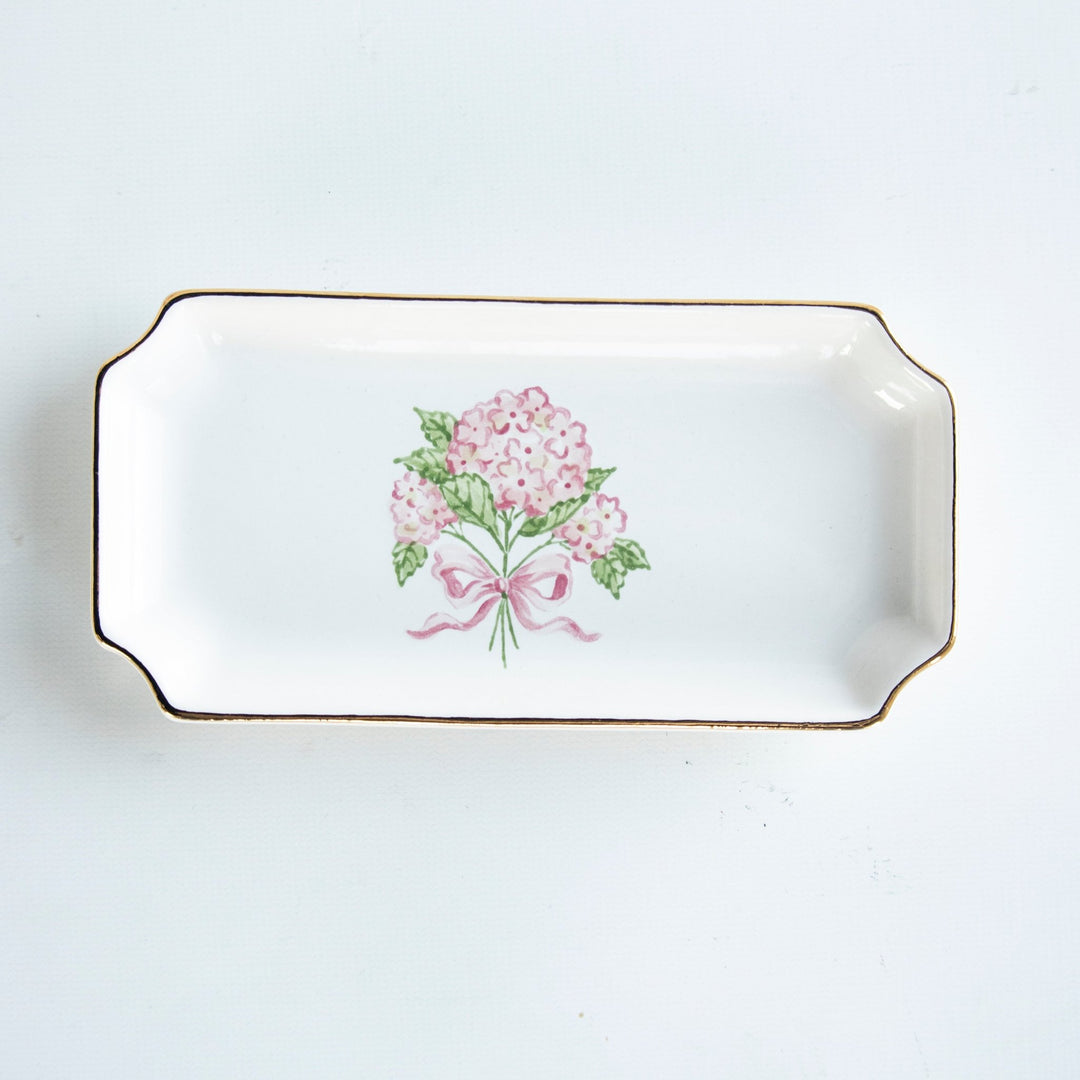 Petite valet tray with a hand-painted pink hydrangea bouquet and gold rim, top view