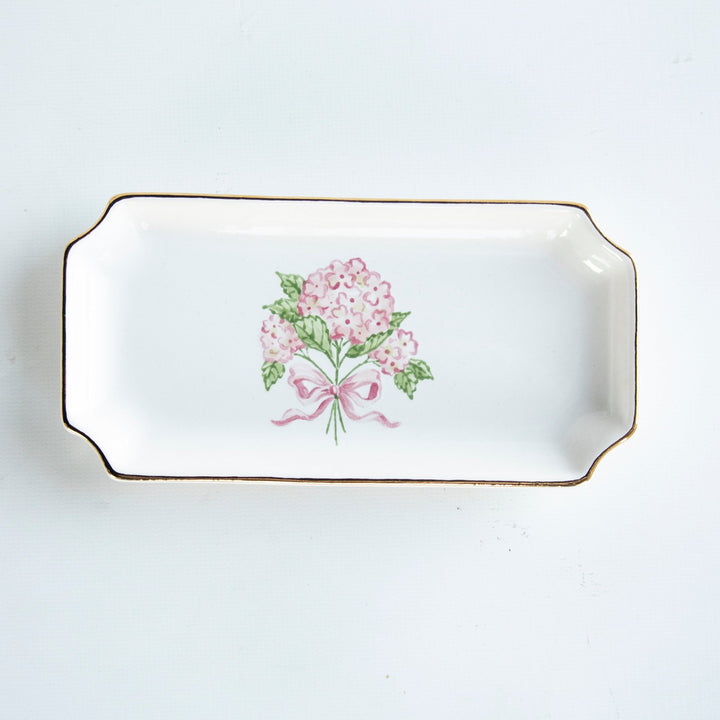 Petite valet tray with a hand-painted pink hydrangea bouquet and gold rim, top view