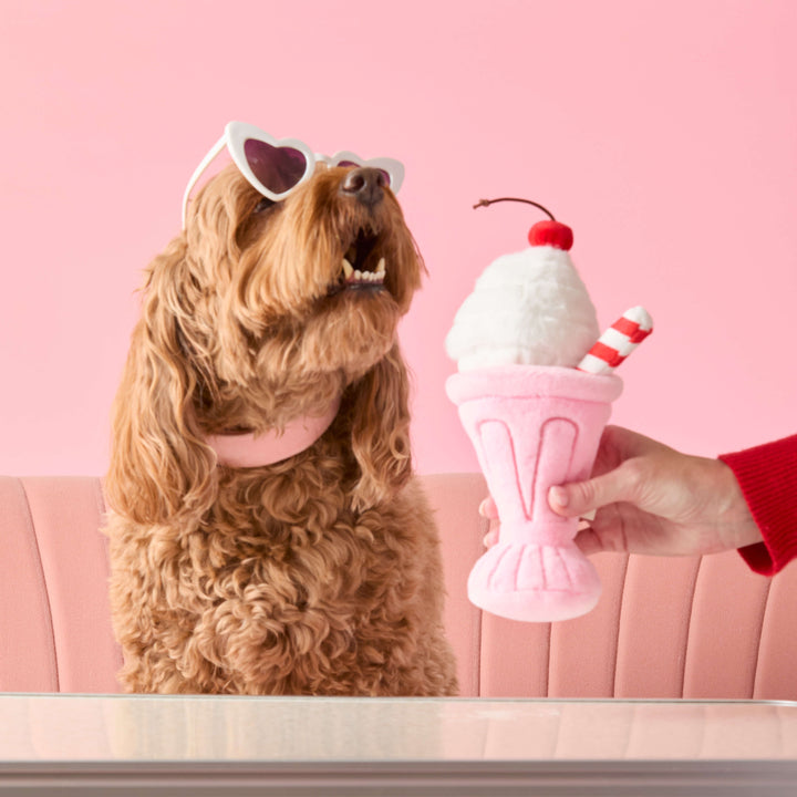 Dog playing with the strawberry milkshake snuffle toy