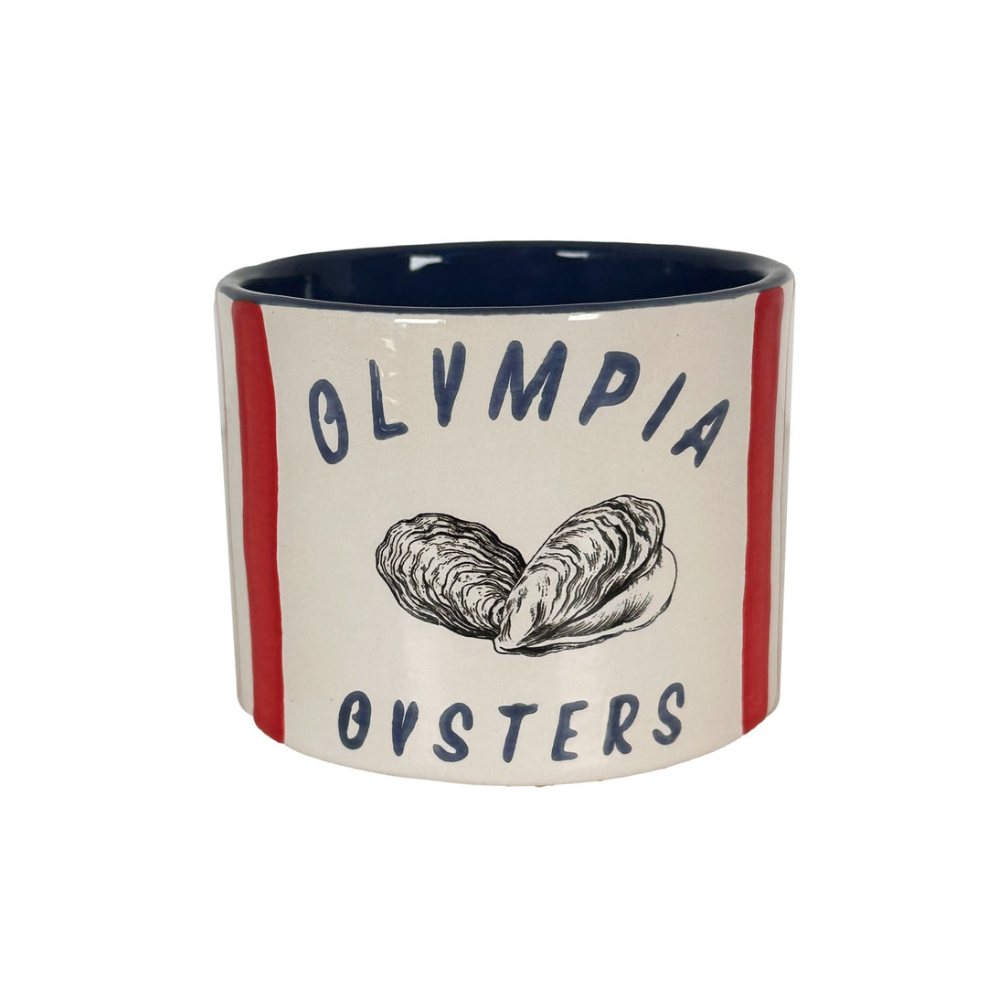 Ceramic mug with 'Olympia Oysters' text and illustrations on a white background