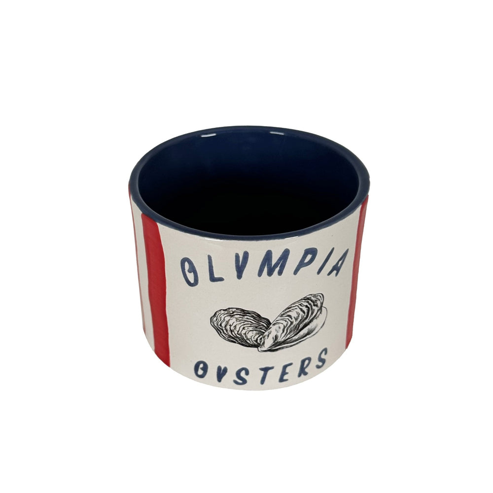 Ceramic cup with 'Olympia Oysters' design on a white background