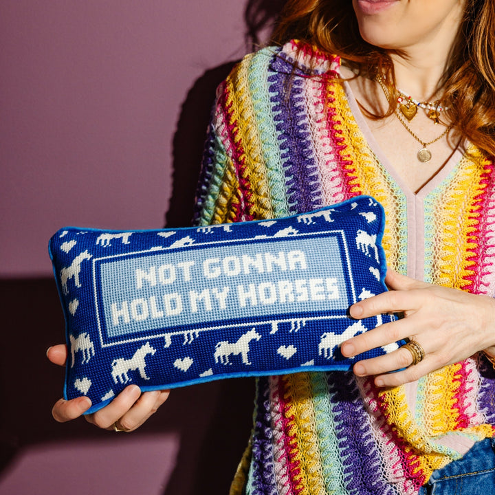 HOLD BY HORSES NEEDLEPOINT PILLOW Furbish Studio Needlepoint HOLD BY HORSES NEEDLEPOINT PILLOW Bonjour Fete - Party Supplies