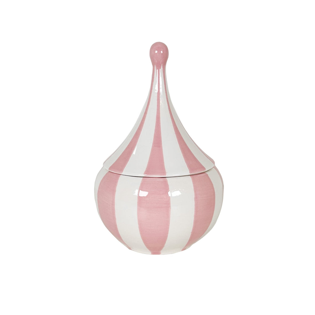 Pink and white striped teardrop-shaped vase on a white background