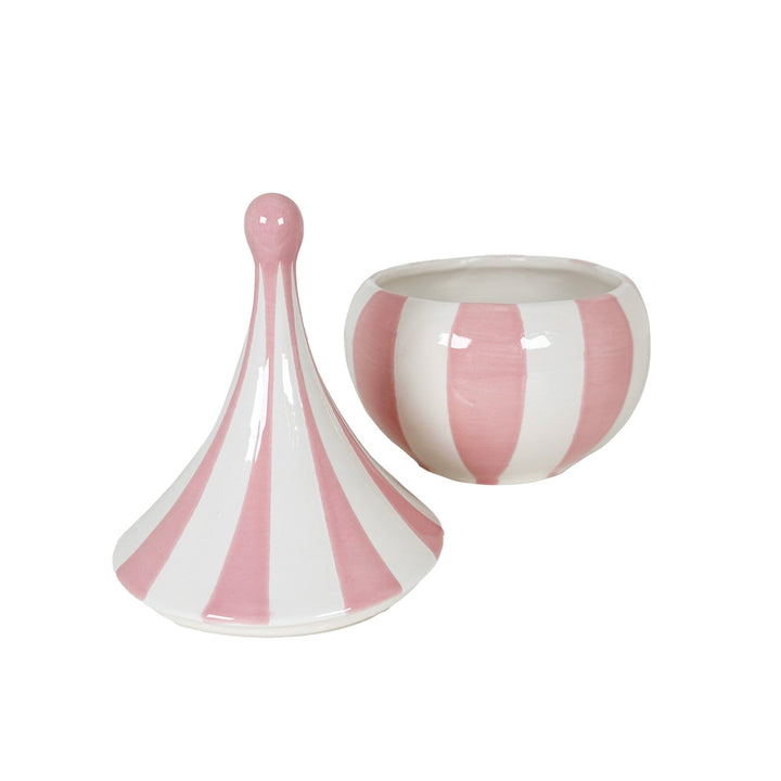 Two ceramic pots with pink and white striped design on a white background