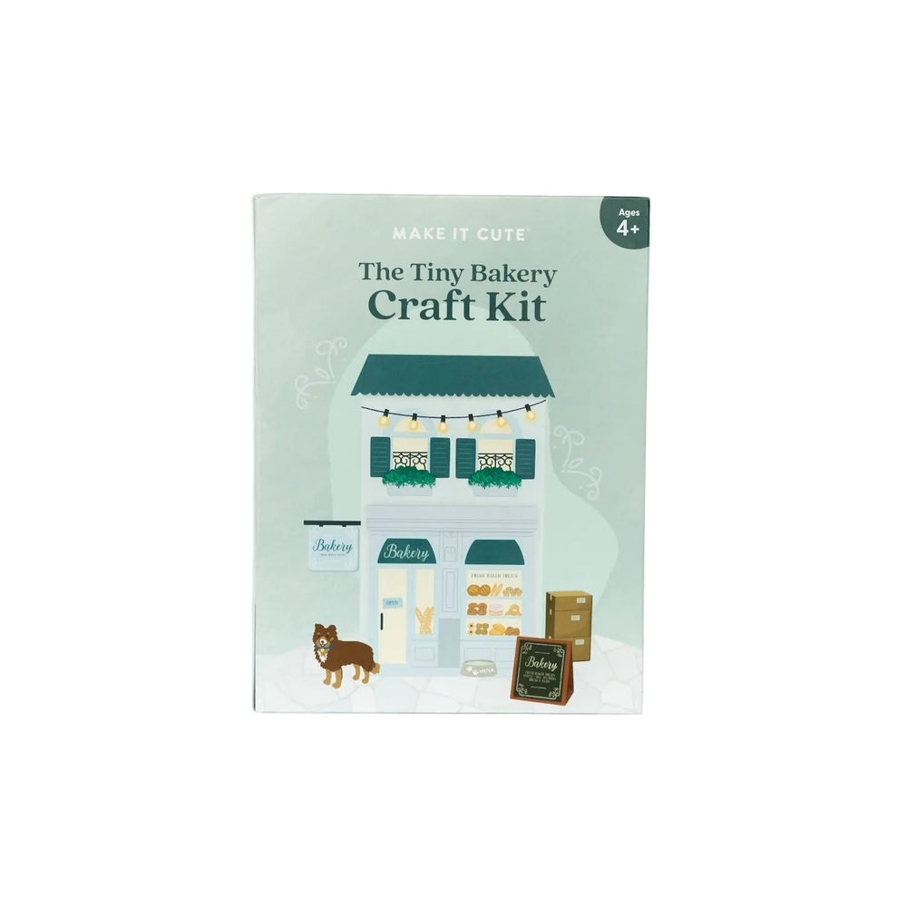 The Tiny Bakery Craft Kit box in soft mint with a pictured paper bakery storefront on the cover
