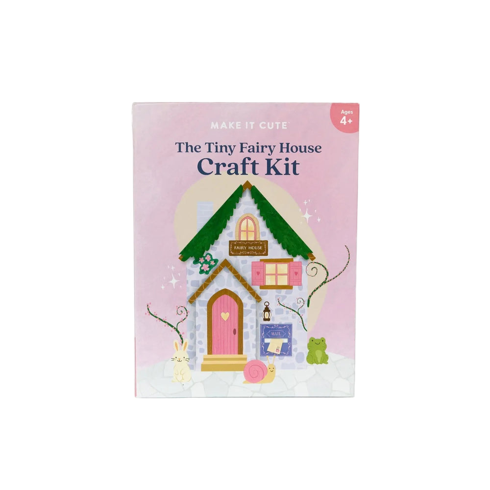 Tiny Fairy House Craft Kit box with an illustrated lavender cottage and green roof for a fairy birthday party