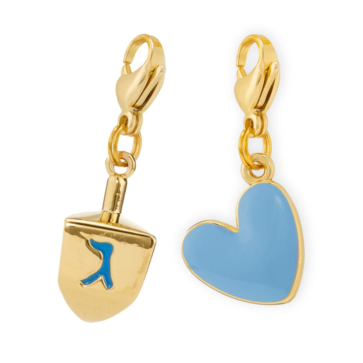 Gold dreidel collar charm with a blue Hebrew letter and a blue enamel heart charm, both on gold lobster clasps
