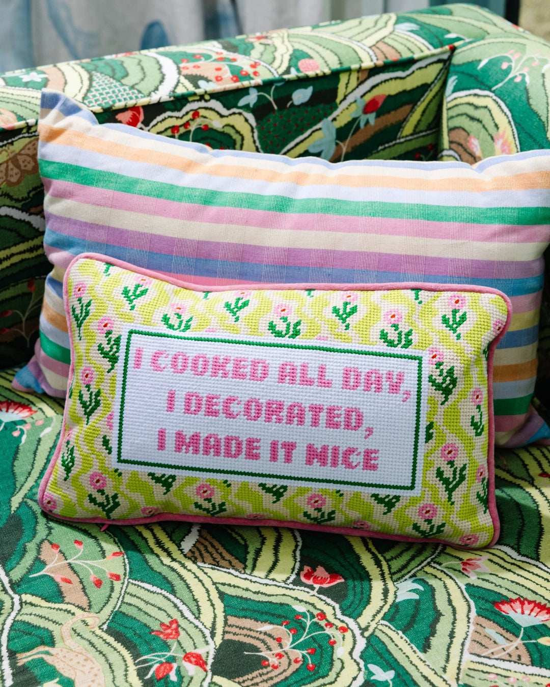 I Cooked All Day I Decorated I Made It Nice needlepoint pillow with a yellow floral border styled on a striped pillow