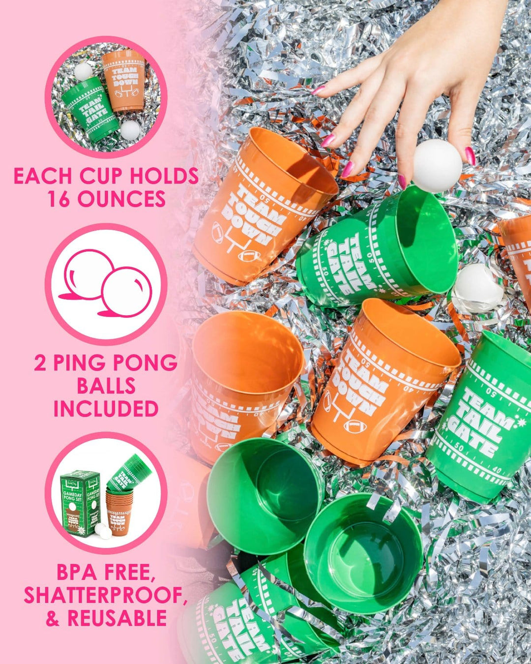 Pong set cups and balls on silver tinsel with icons for 16 oz cups, 2 balls, and BPA-free