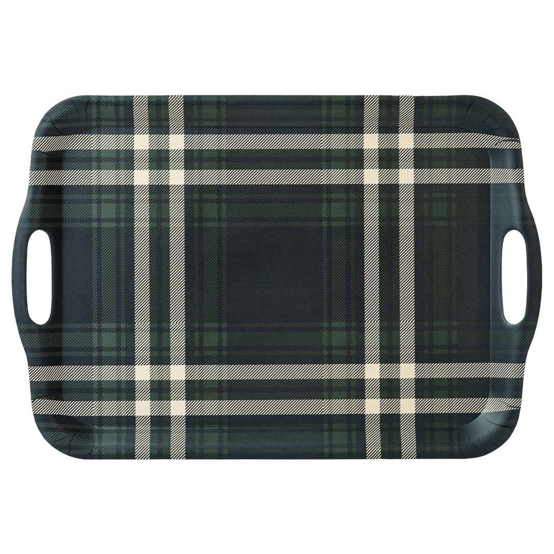 Navy Green Plaid Large Melamine Tray with Handles