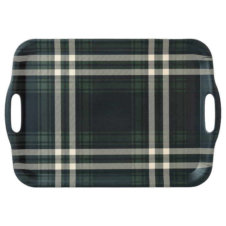 Navy Green Plaid Large Melamine Tray with Handles
