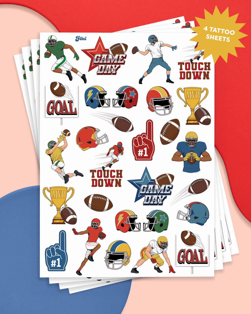 Four sheets of football temporary tattoos fanned out showing helmets, trophies, and players