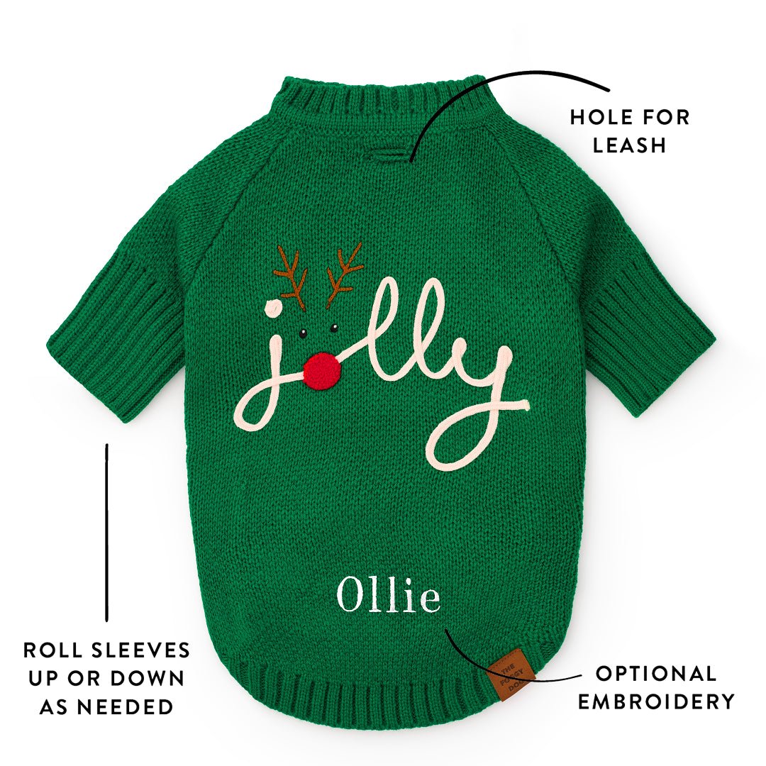 Jolly sweater detail graphic showing a leash opening, rollable sleeves, and optional Ollie embroidery.