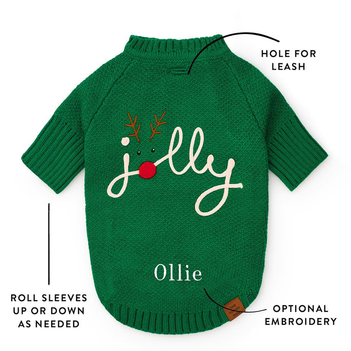 Jolly sweater detail graphic showing a leash opening, rollable sleeves, and optional Ollie embroidery.