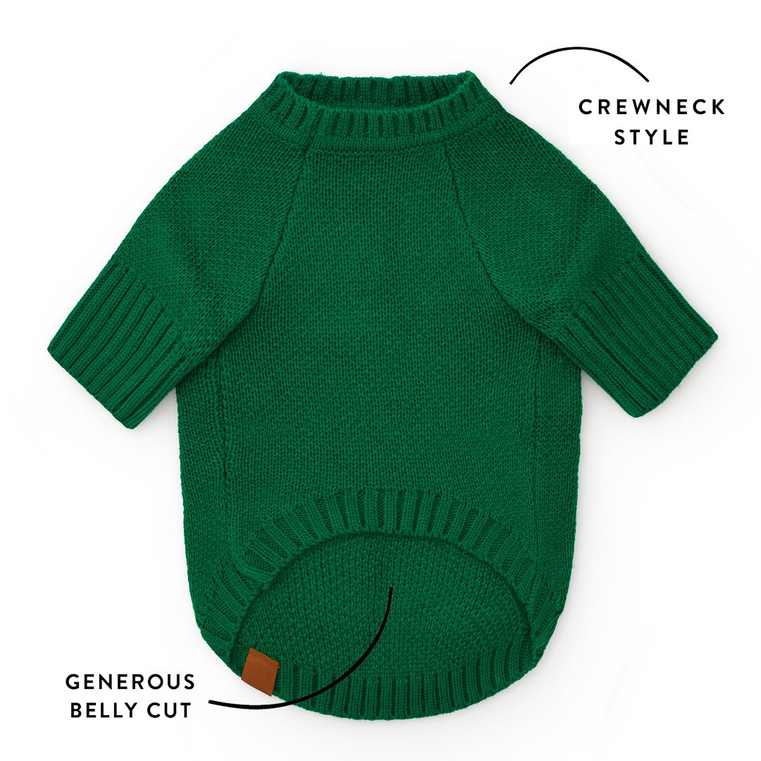 Front fit graphic for the green Jolly sweater showing its crewneck and generous curved belly opening.