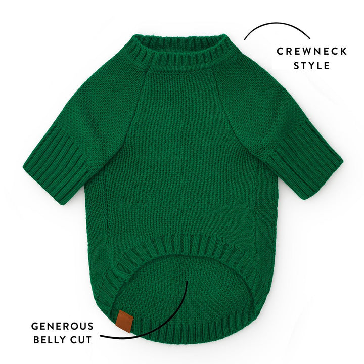 Front fit graphic for the green Jolly sweater showing its crewneck and generous curved belly opening.