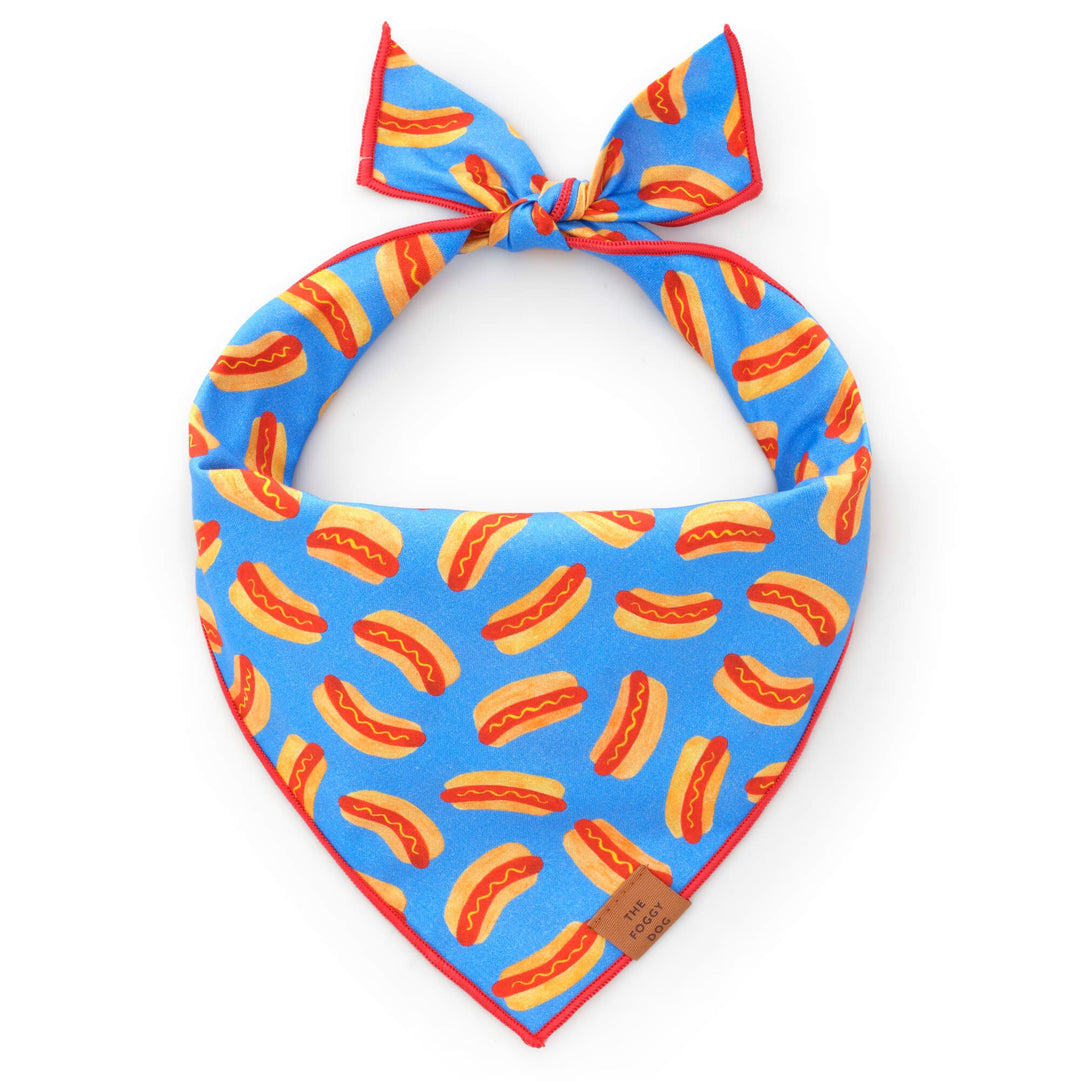 Hot Diggity dog bandana in a red hot dog print with red merrow hem