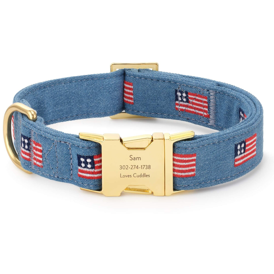 American flag embroidered dog collar, front view with brass D-ring