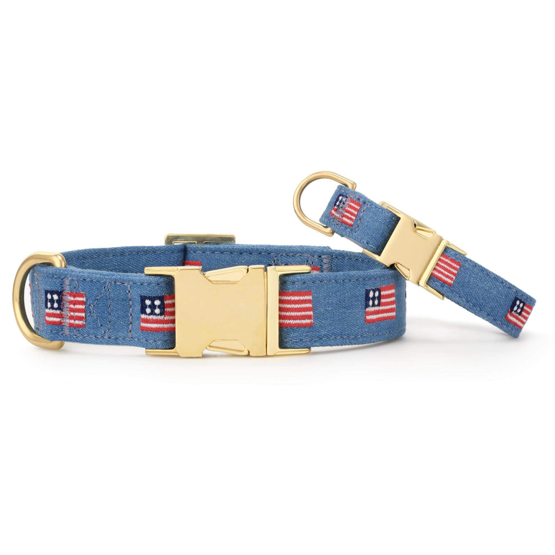 American flag dog collar shown in gold and rose gold hardware