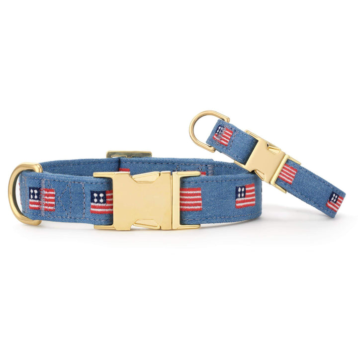 American flag dog collar shown in gold and rose gold hardware