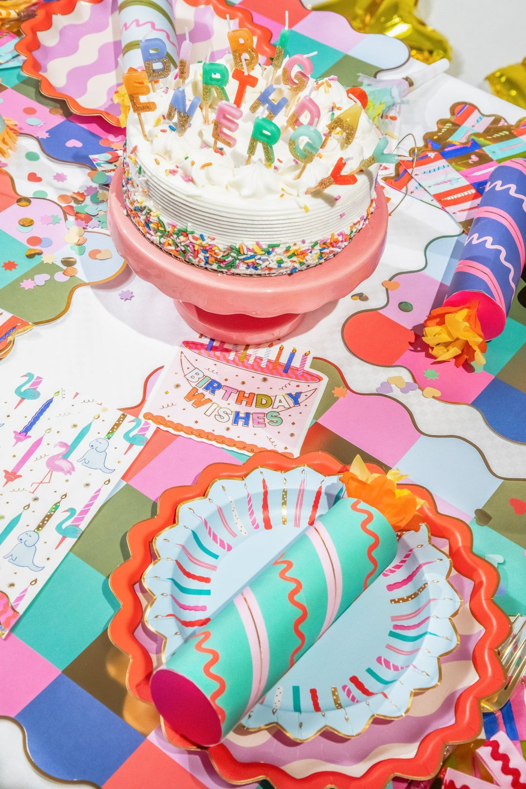 Birthday party crackers shaped like colorful striped candles, set of 6