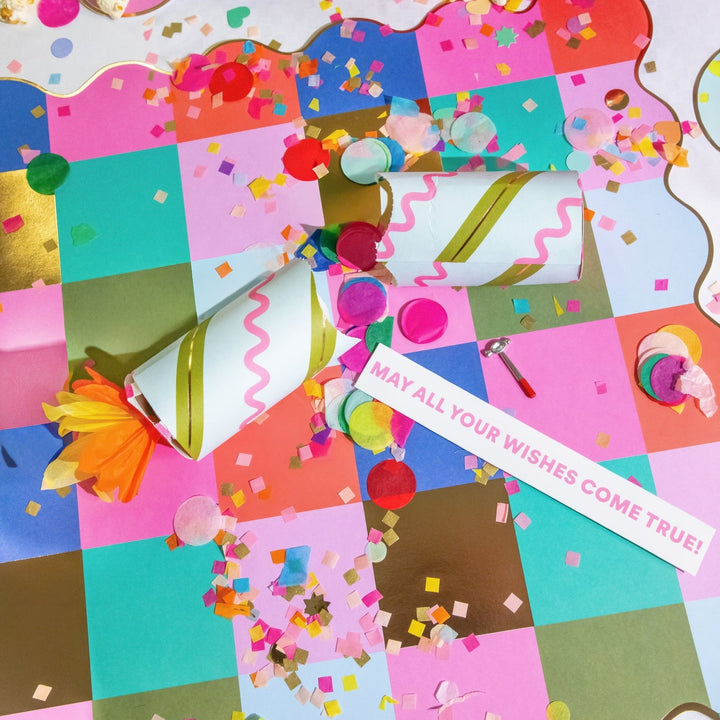 Set of 6 birthday confetti party crackers filled with confetti, metal charms, and printed affirmations