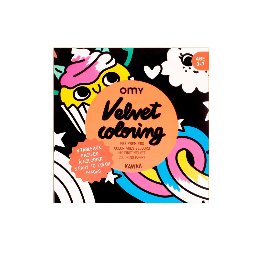 Kawaii velvet coloring set packaging with cupcakes, rainbows, and a kitten on a black cover