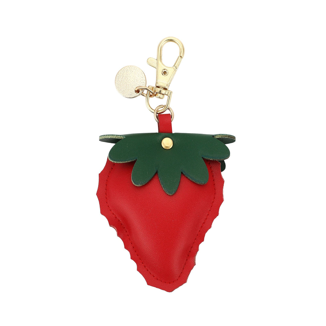 Poly filled strawberry charm with gold hardware for totes, backpacks, and keys