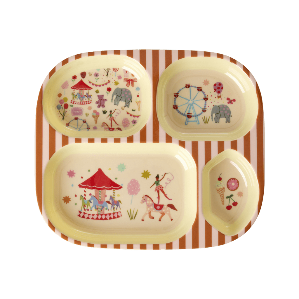 Pink Fun Fair print melamine kids four room plate by Rice By Rice for toddler meals and parties