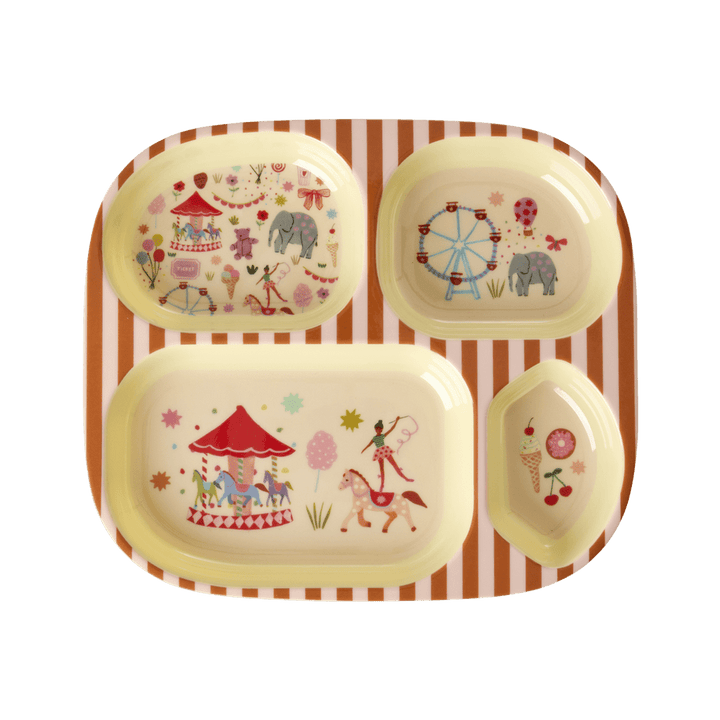 Pink Fun Fair print melamine kids four room plate by Rice By Rice for toddler meals and parties