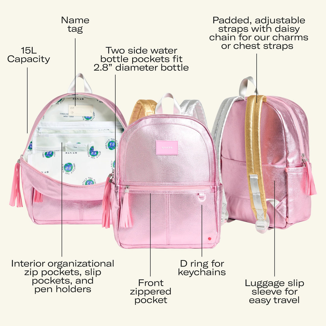Kane features infographic in pink metallic: name tag, bottle pockets, organizer, luggage sleeve, Cherry