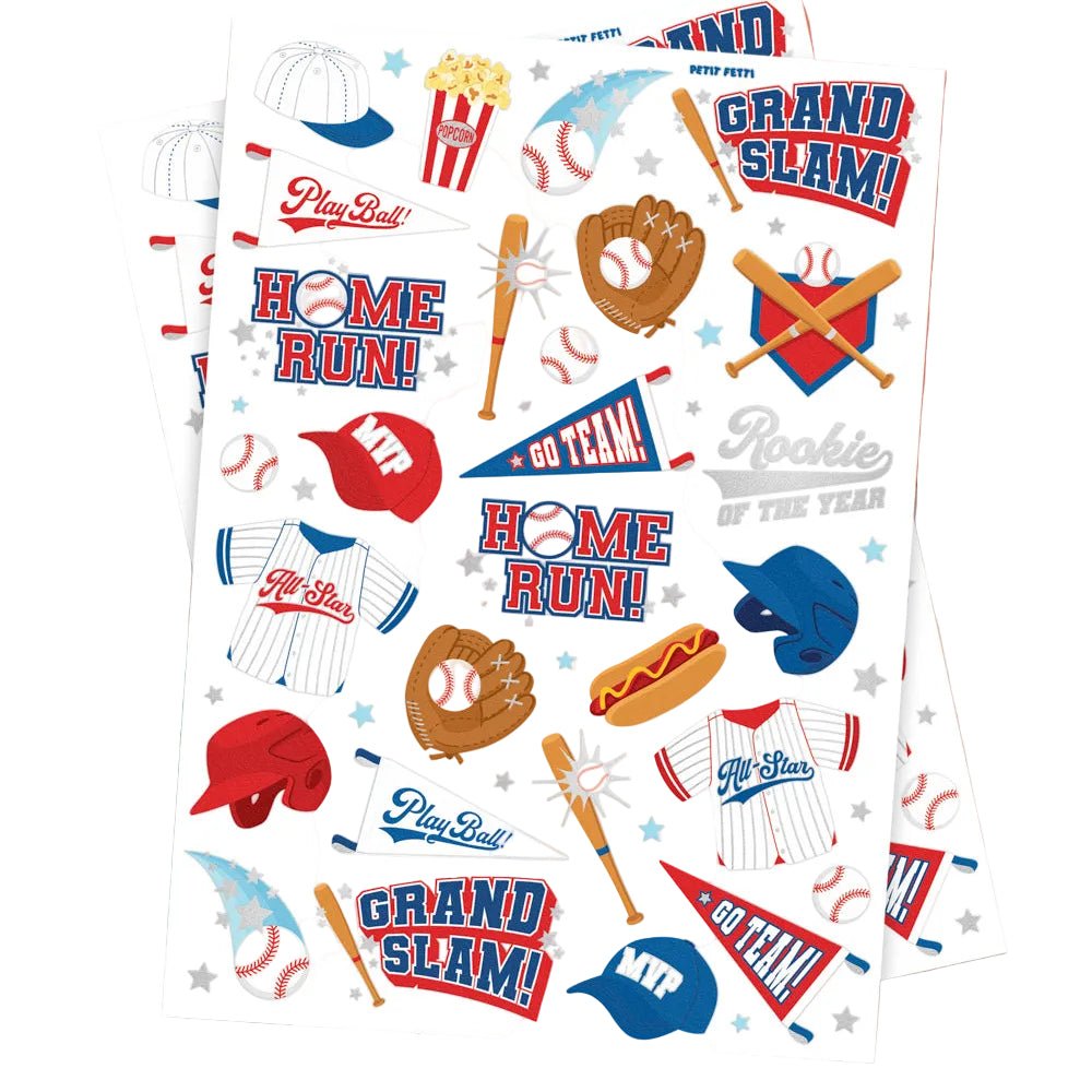Home Run baseball temporary tattoos by xo Fetti applied on arms with helmets, gloves, and Home Run designs