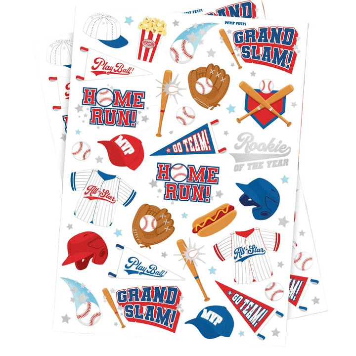 Home Run baseball temporary tattoos by xo Fetti applied on arms with helmets, gloves, and Home Run designs