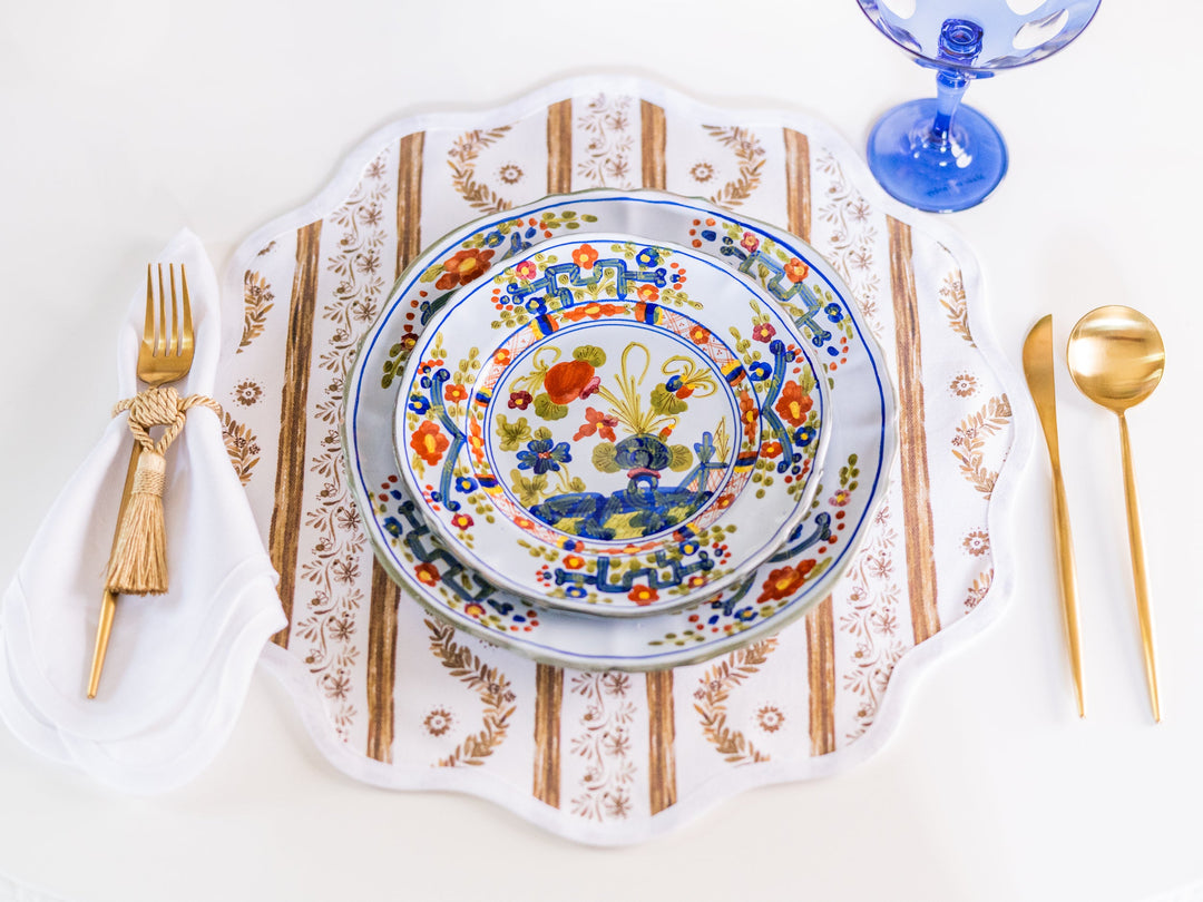 Frances Fields Home round placemat, Boxwood Garden print in dark espresso