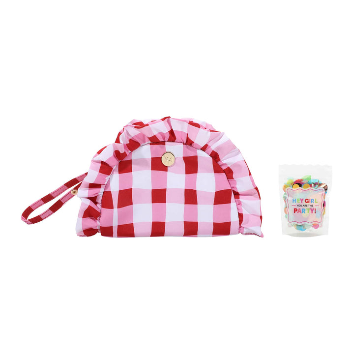 Red gingham check pouch with ruffle trim for picnics and summer outings