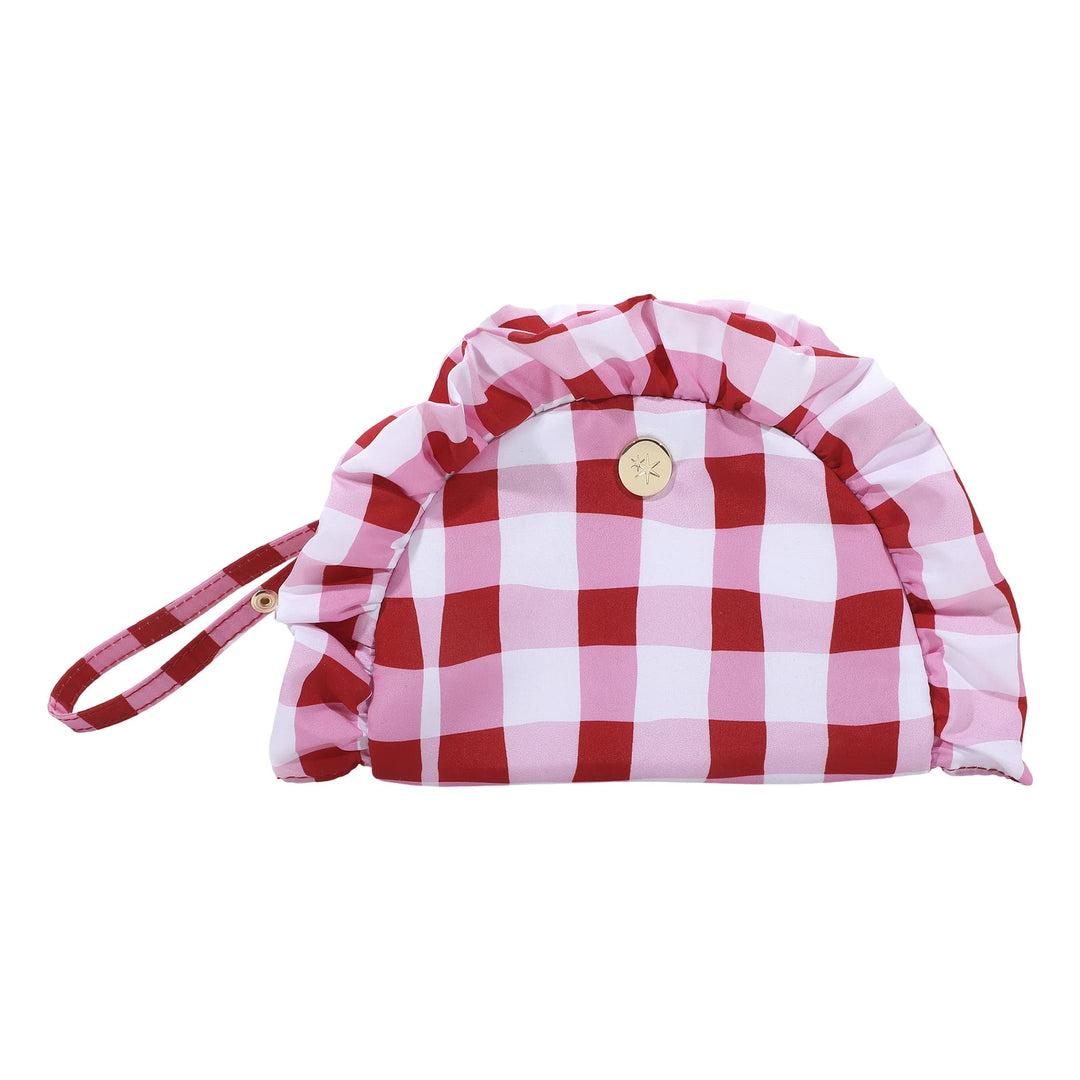 Red and white gingham clutch with a ruffled edge and poly lining