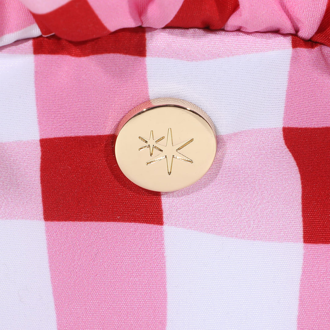 Red and white gingham clutch with a ruffled edge and poly lining