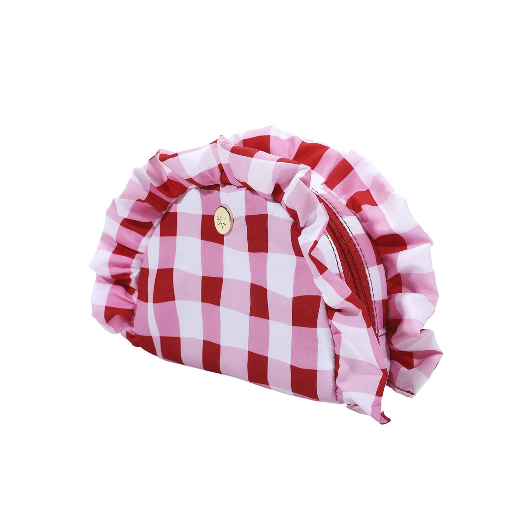 Gingham ruffled clutch, approximately 8.25 by 5.25 inches with 1.5 inch ruffle trim