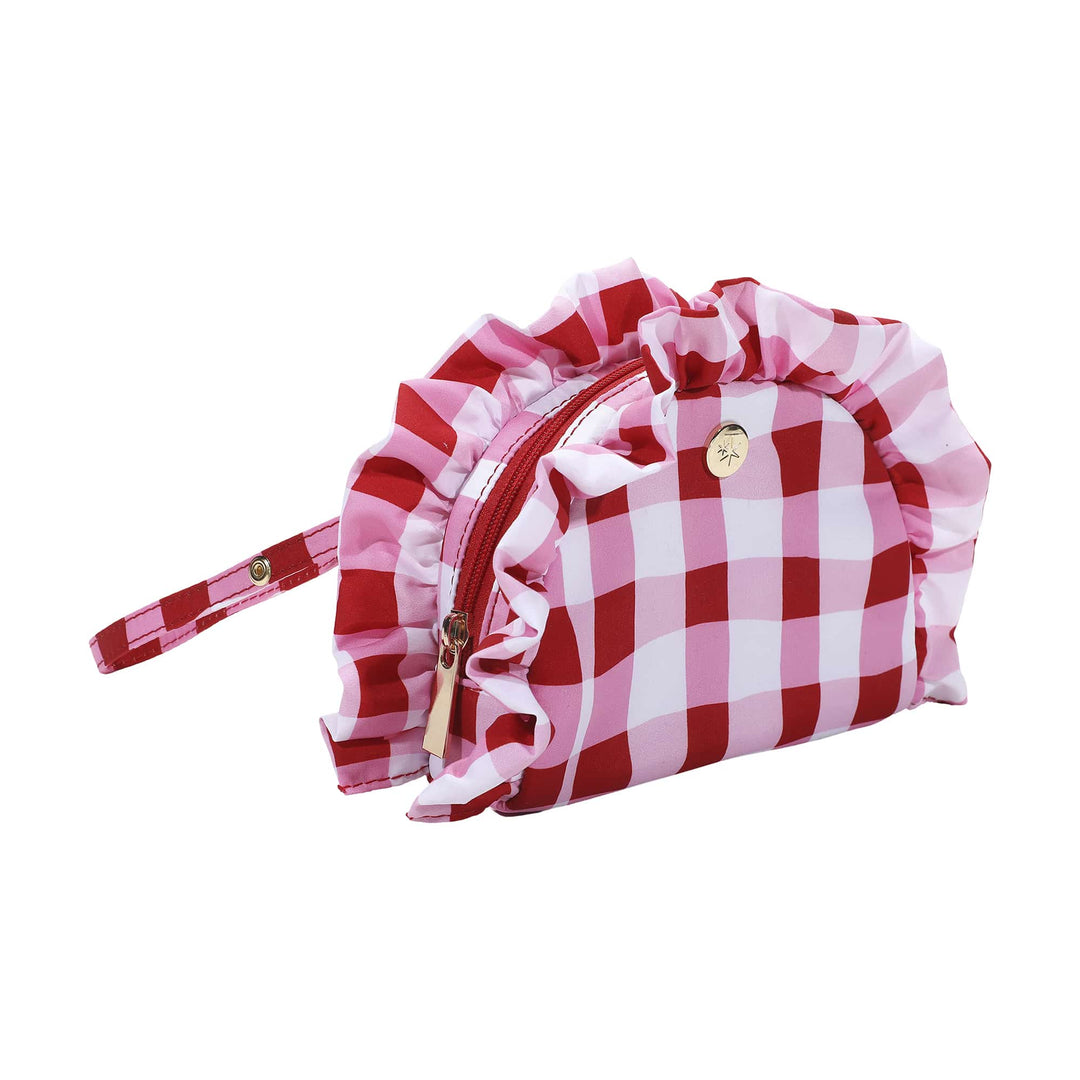 Gingham ruffled clutch, approximately 8.25 by 5.25 inches with 1.5 inch ruffle trim