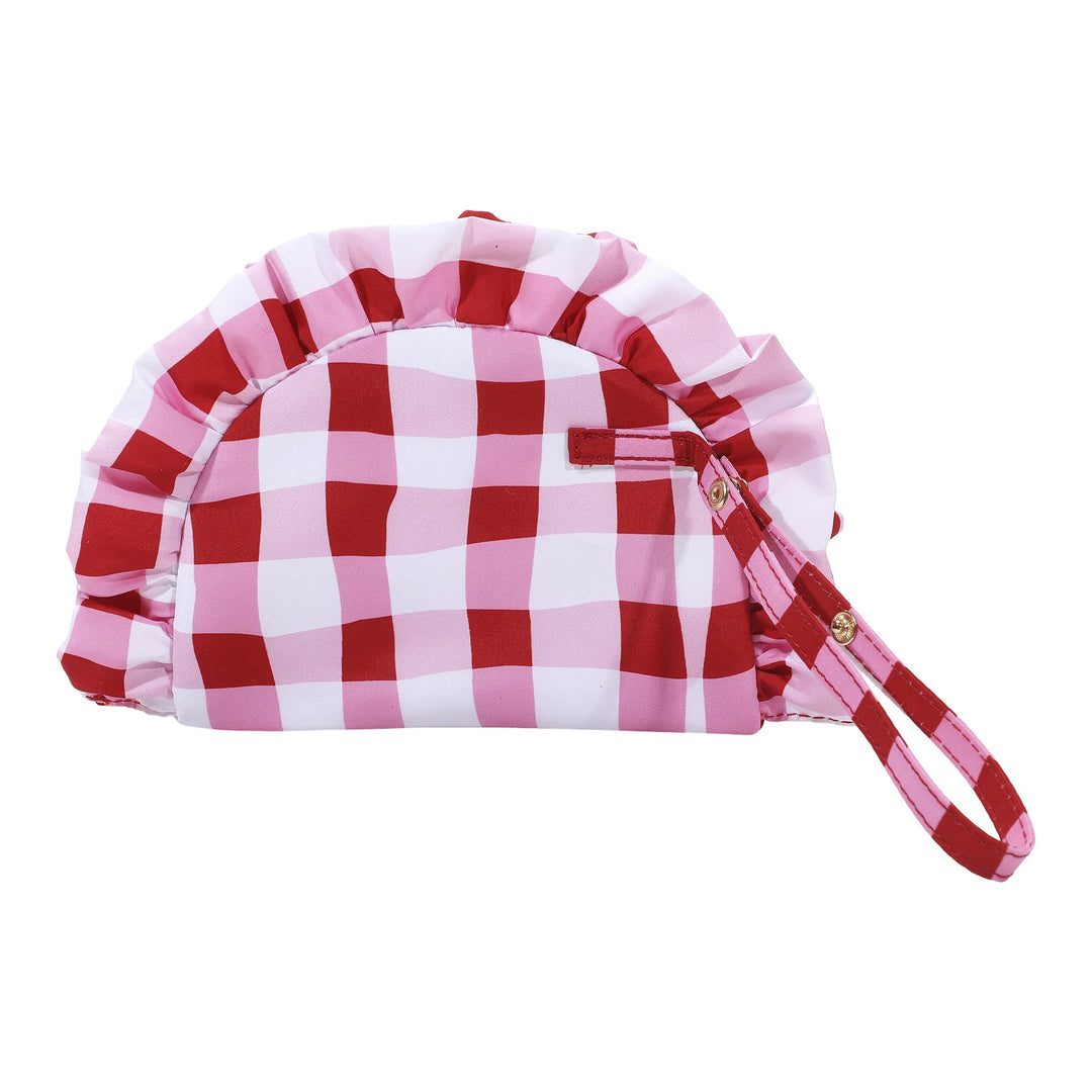 Gingham ruffled clutch, approximately 8.25 by 5.25 inches with 1.5 inch ruffle trim