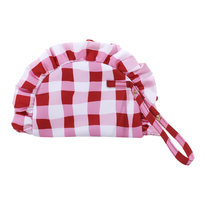 Gingham ruffled clutch, approximately 8.25 by 5.25 inches with 1.5 inch ruffle trim