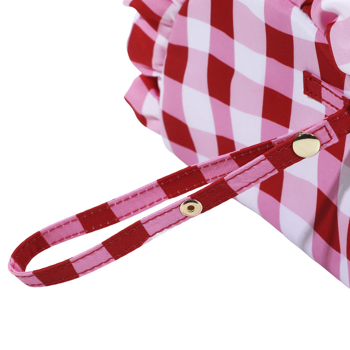 Red and white gingham clutch with a ruffled edge and poly lining