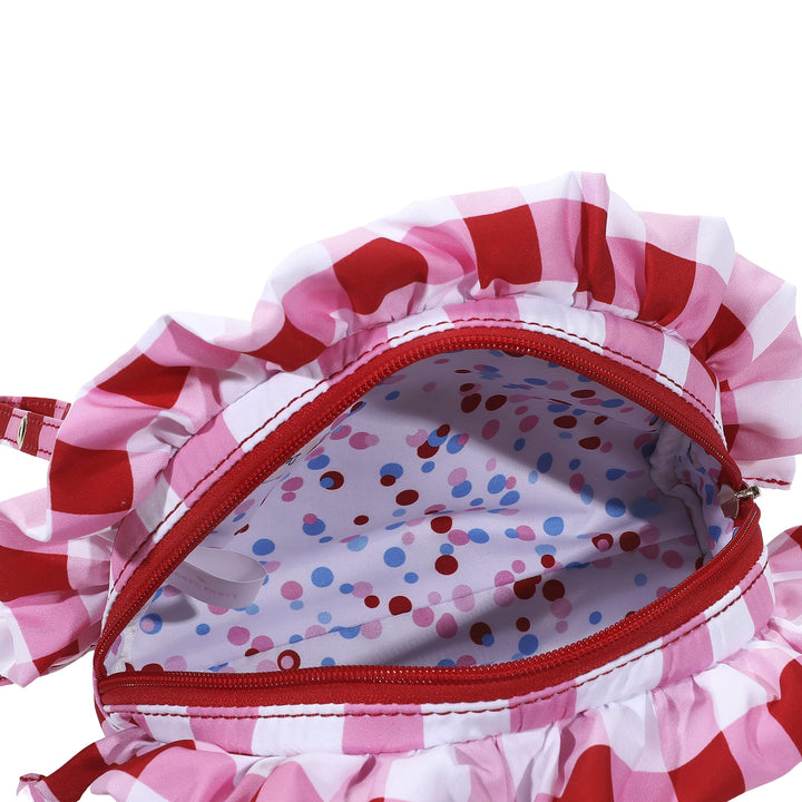 Red gingham check pouch with ruffle trim for picnics and summer outings